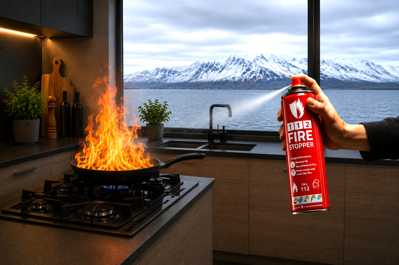 112 Slökkvitæki frá 4 Fire slekkur fitubruna í eldhúsi á öruggan hátt